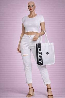 Lululemon Small Reusable Shopper Tote Bag White with Black Logo Snap Closure